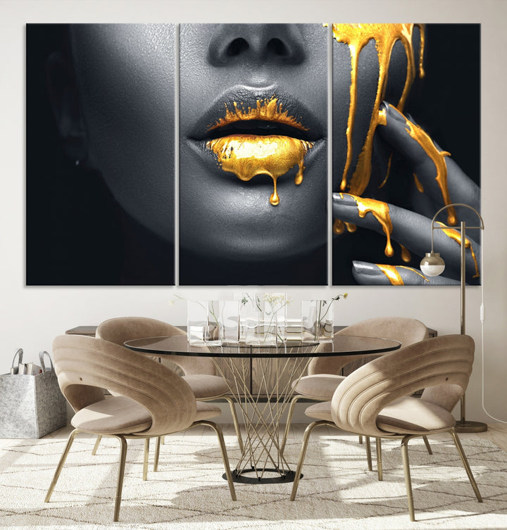 Labios dorados y mujer negra maquillaje lienzo pared arte impresión lienzo arte labios impresión moda belleza extra grande lienzo dividido arte enmarcado