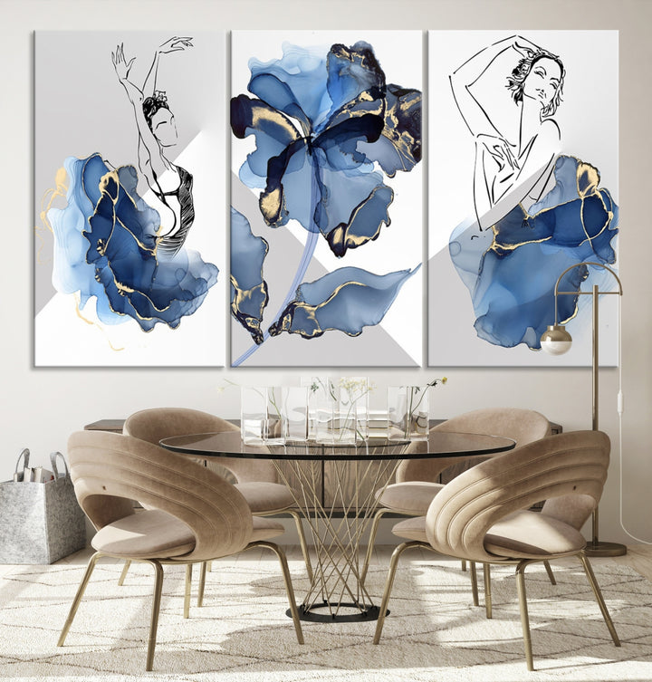 Pintura abstracta de acuarela, obra de arte para paredes, lienzo grande, impresión artística de pared, bailarina azul