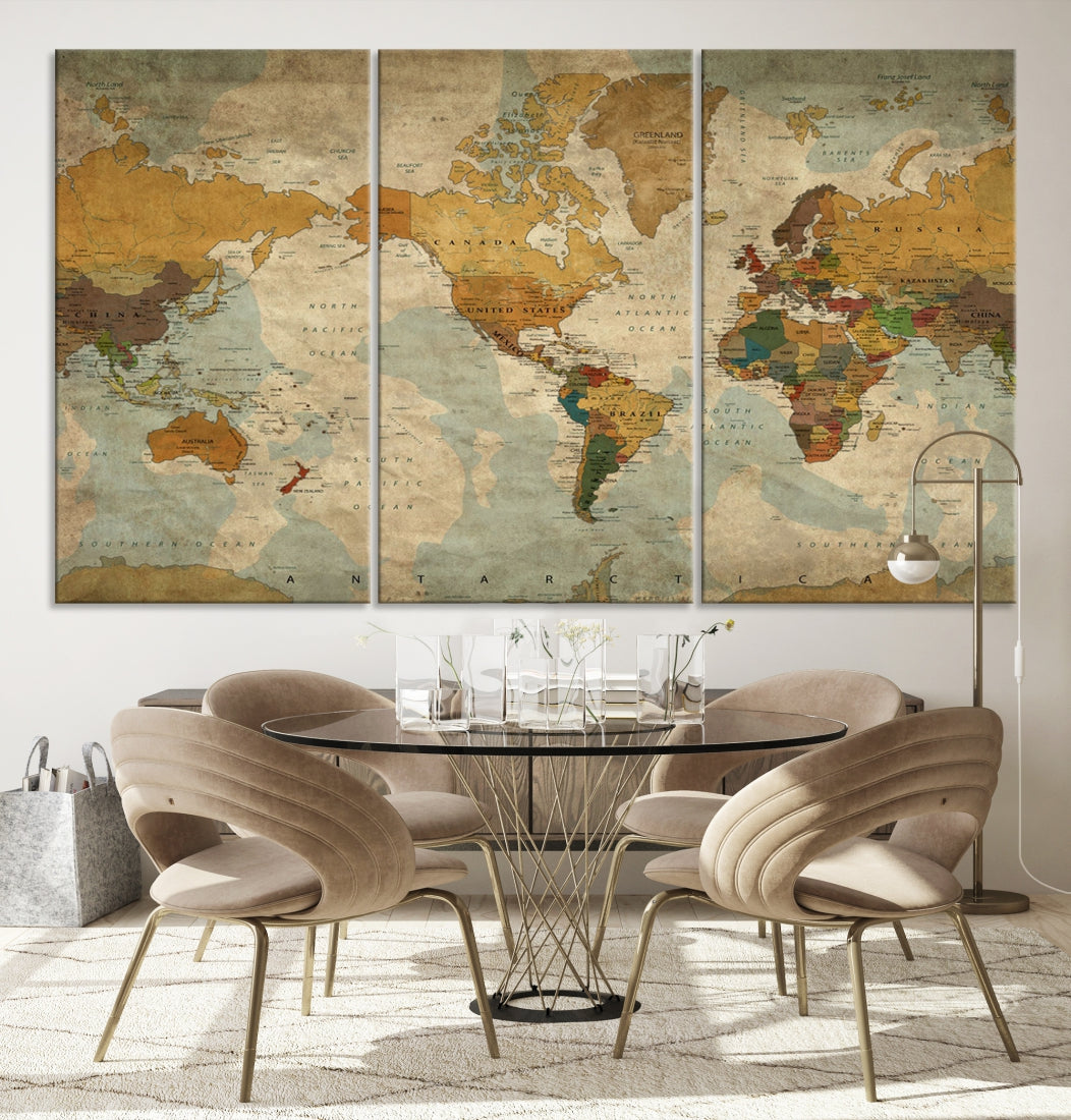 82291 - Sephia World Map Wall Art Multi Panel X-Large Canvas Print for Home Decor | Track Your Travels with This Colorful Antique Looking Map | Framed Ready to Hang by My Great Canvas
