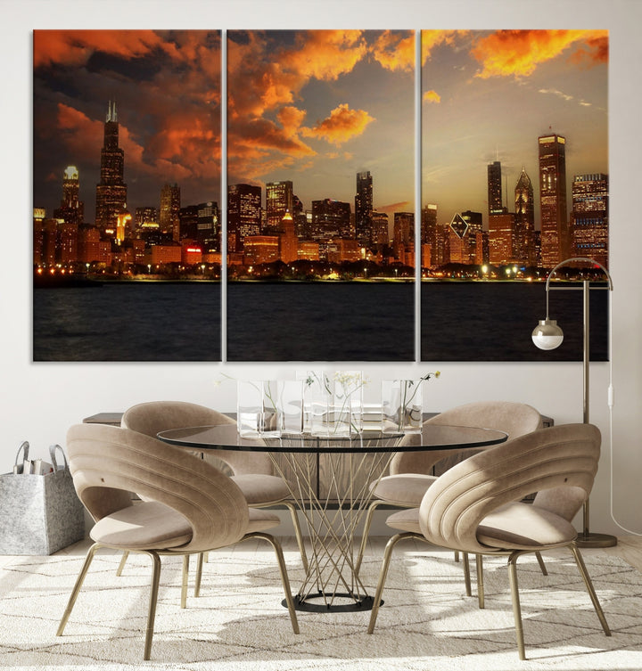 Chicago City Lights Coucher de soleil Orange Nuageux Skyline Paysage urbain Vue Art mural Impression sur toile