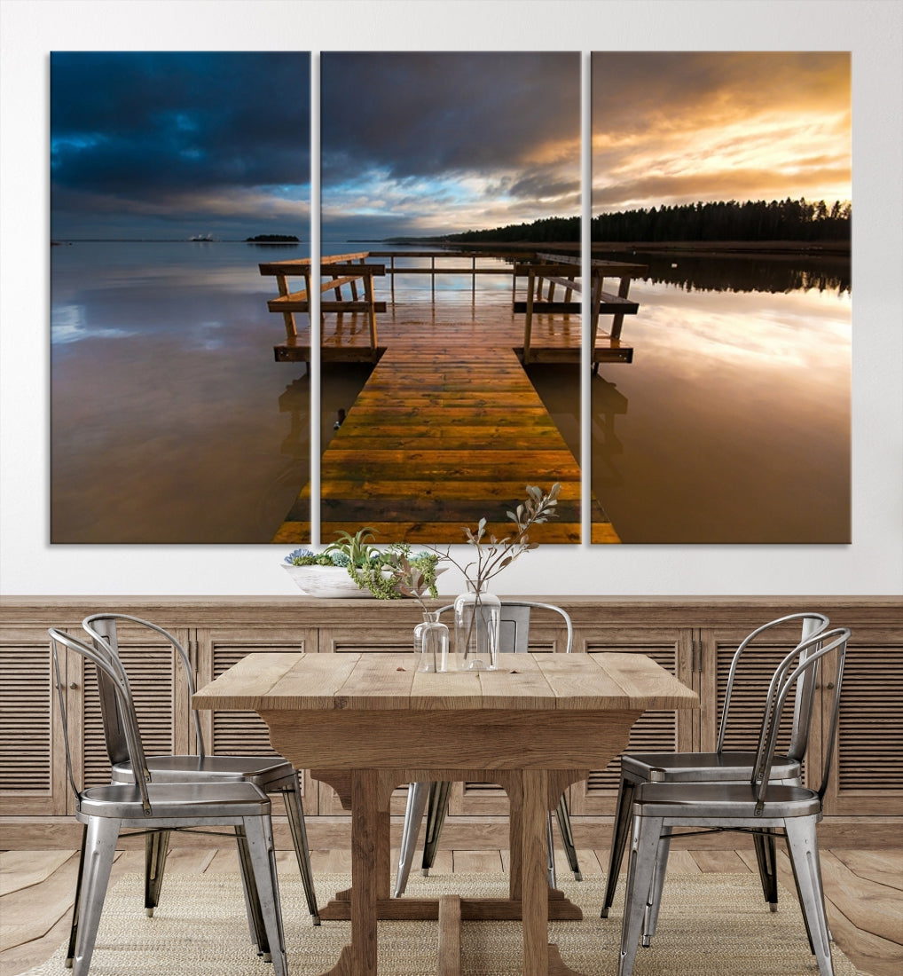 Wall Art Canvas Wooden Pier at Twilight with Forest Behind