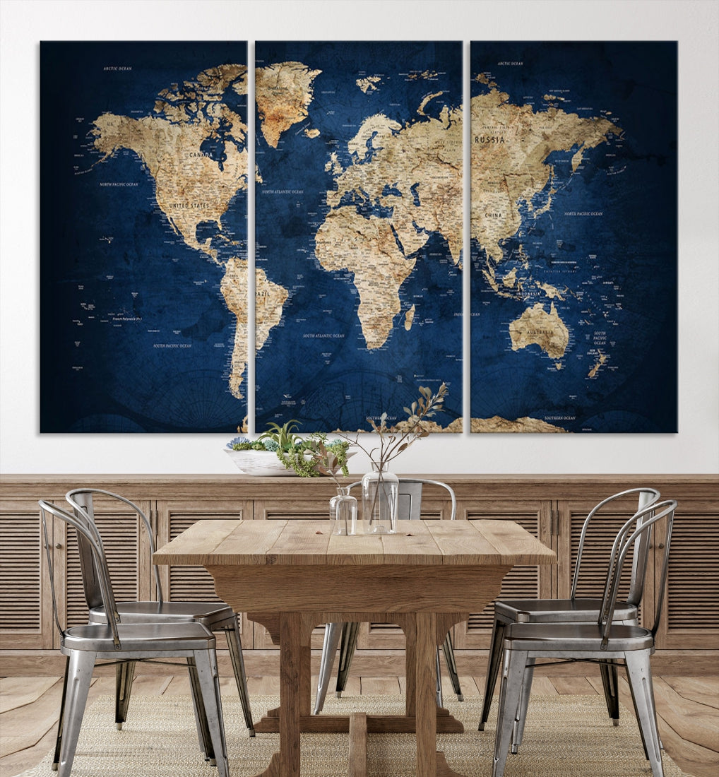 62011 - Impresión artística de pared con mapa del mundo vintage - Mapa grunge sobre lienzo Galería de pared Juego de 3 paneles Regalo para viajeros, mapa del mundo abstracto grande para sala de estar, comedor, cocina, decoración de oficina