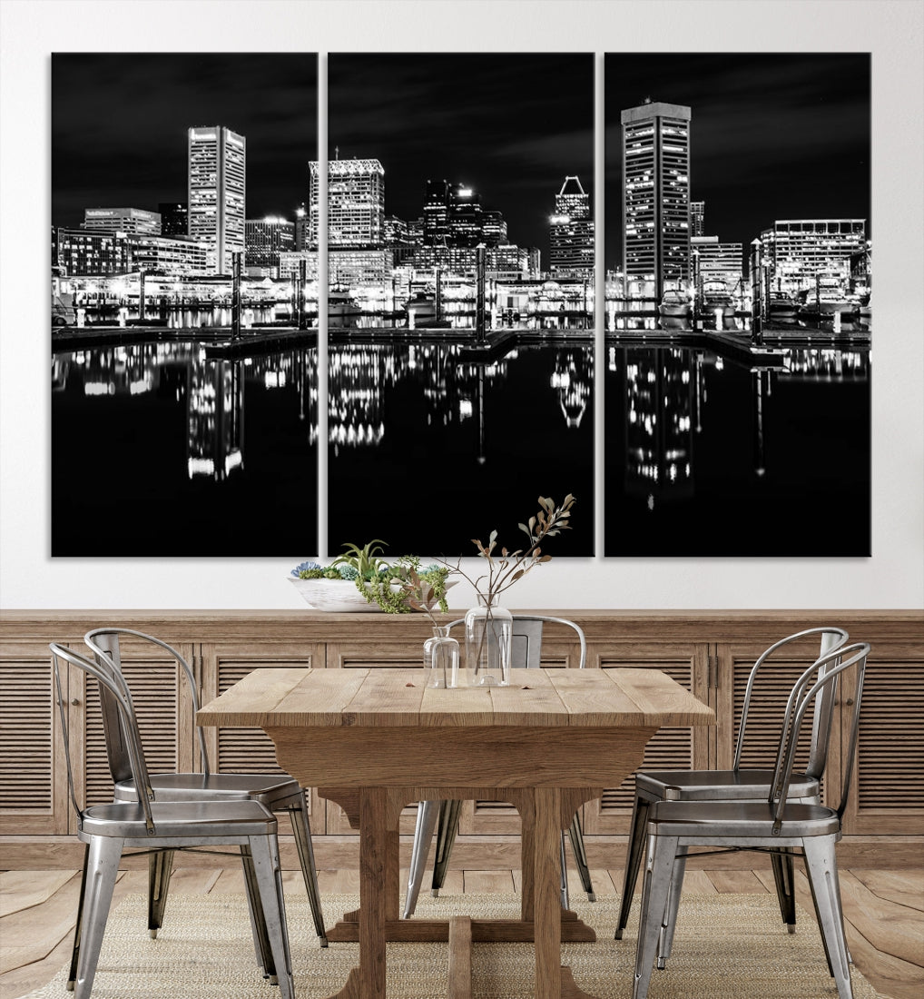 Baltimore City Lights Skyline Black and White Wall Art Cityscape Canvas Print