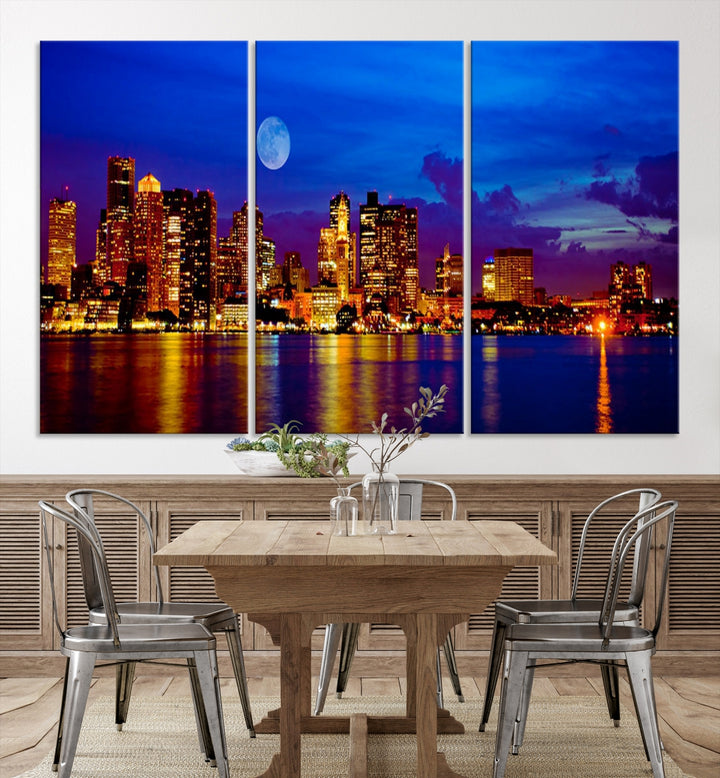 Boston City Lights Full Moon Night Blue Skyline Cityscape View Wall Art Canvas Print