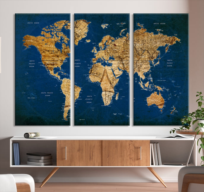 Navy Blue Antique World Map Wall Art Push Pin Canvas Print