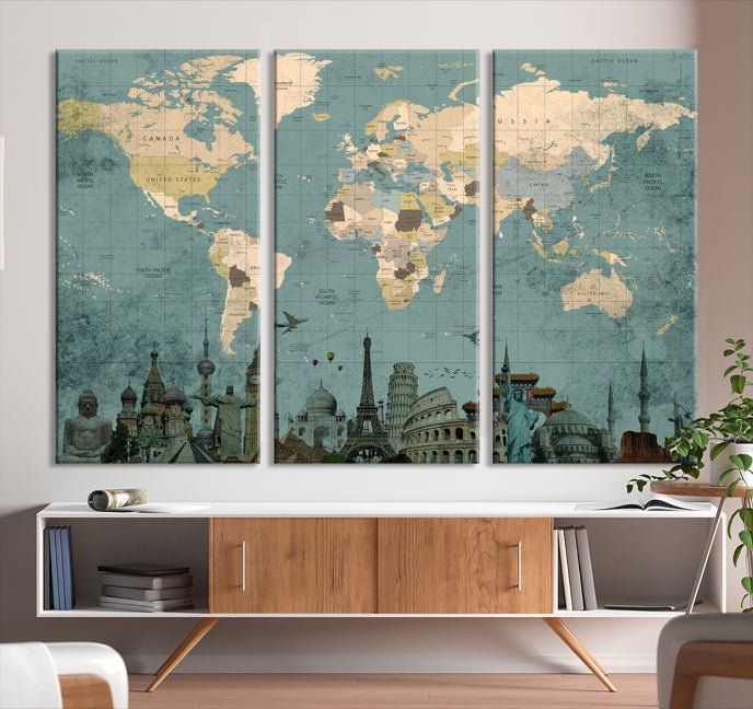 Grunge Green World Map Canvas Print, Wonder of World Map Push Pin Canvas Print