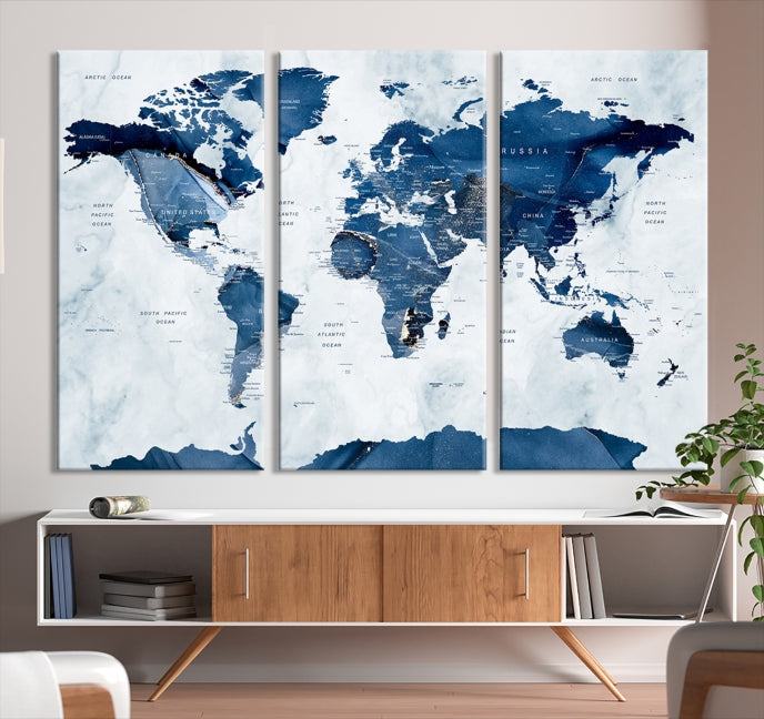 Navy Blue World Map w/ Antarctica Wall Art Canvas Print