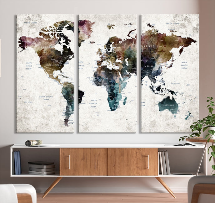 Impression sur toile de carte du monde de punaise de couleur foncée