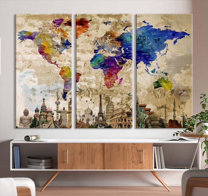 Extra Large World Map Wall Art Watercolor Canvas Print