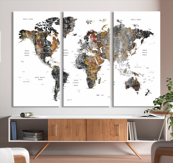 Grunge World Map Wall Art Watercolor Map Canvas Print