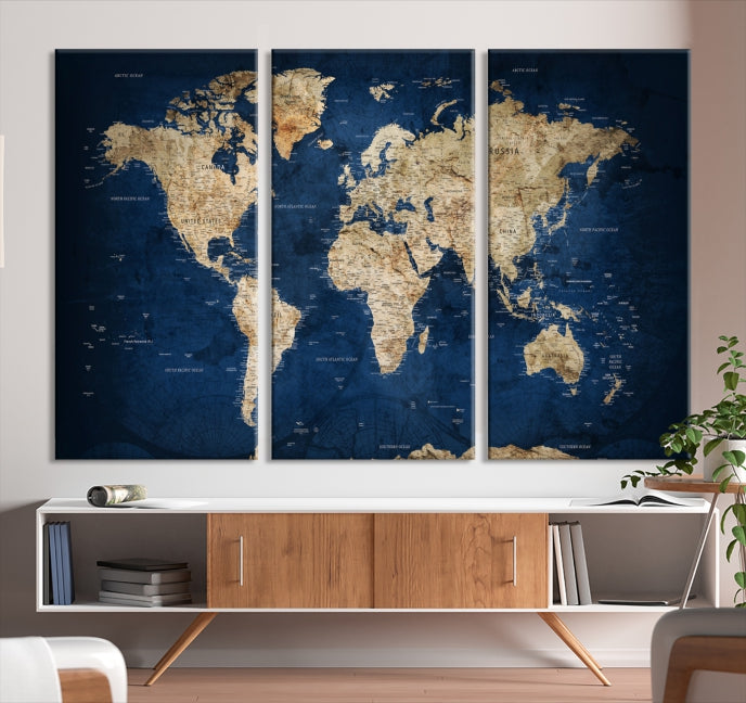 Extra Large Abstract Navy Blue Detailed USA States on The Map World Map Wall Art Canvas Print