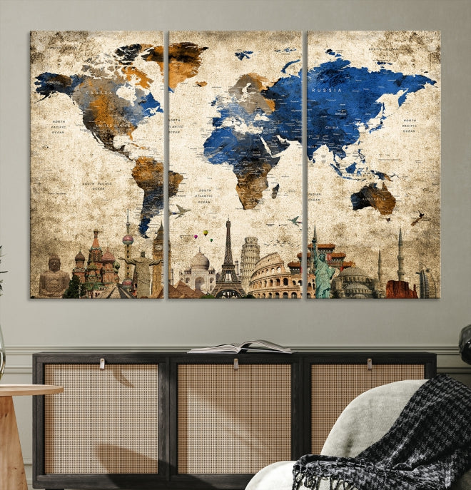 Lienzo decorativo con mapa del mundo y maravillas para pared grande