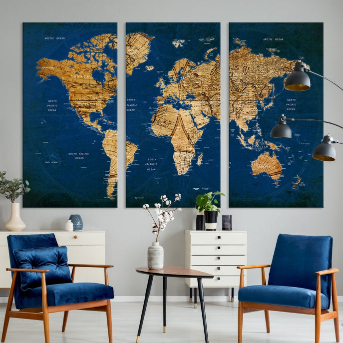 Arte de pared con mapa del mundo con alfiler grande sobre fondo azul marino Impresión en lienzo grande