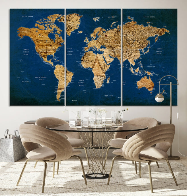Navy Blue Antique World Map Wall Art Push Pin Canvas Print