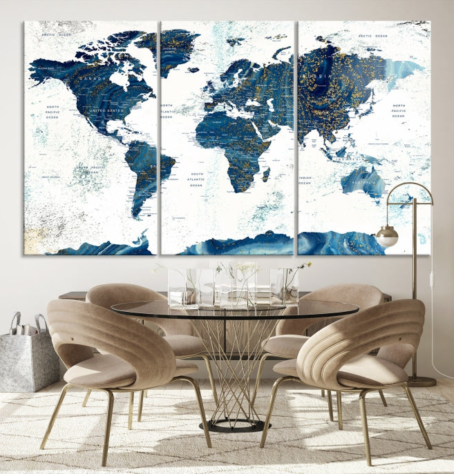 Navy Blue World Map Wall Art Canvas Print
