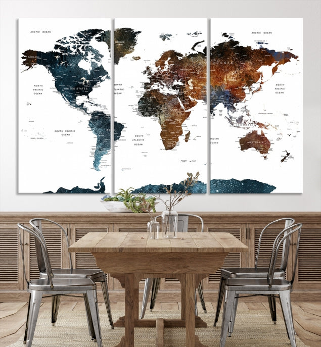 Art mural de carte du monde aquarelle de punaise de couleur foncée, carte de voyage de punaise sur fond blanc