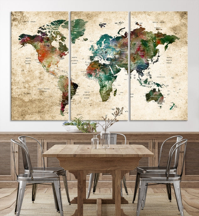 Colorful Push Pin World Map on Grunge Stained Background Large Canvas Print