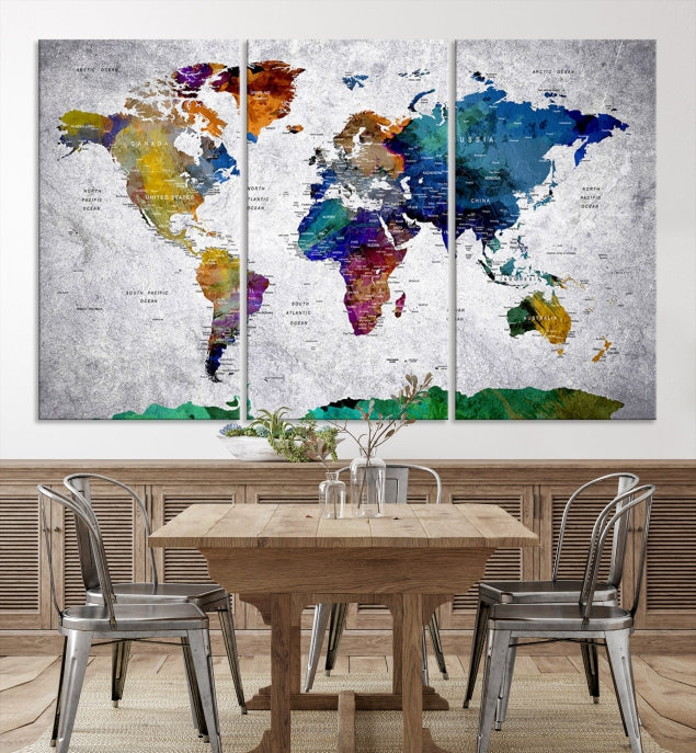 Wall Art Push Pin World Map with Antarctica Canvas Print