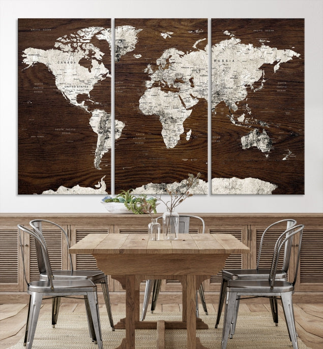 Art mural de carte du monde sur fond marron en bois Carte du monde Impression sur toile