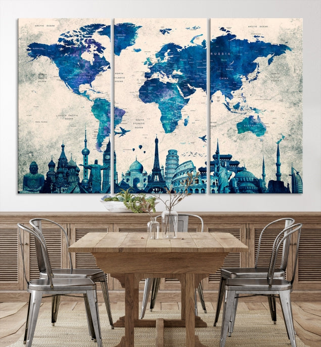 Impression sur toile aquarelle à 3 panneaux avec carte du monde