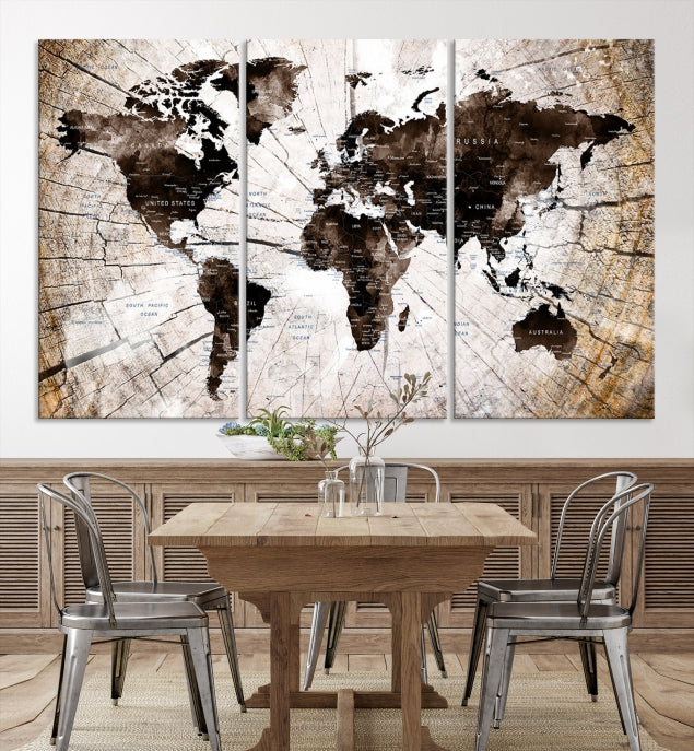 Impresión artística de pared con mapa del mundo vintage grande sobre fondo de estilo madera