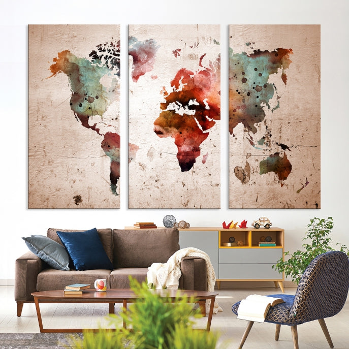 Impresión de lienzo de mapa mundial de arte de pared grande, impresión de lienzo de viaje de mapa mundial de acuarela rústica, impresión de lienzo de mapa mundial de arte de pared grande XXL moderno