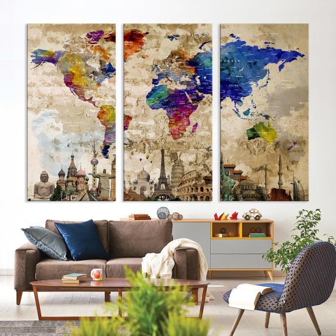 Carte du monde Wall Art Aquarelle Impression sur toile