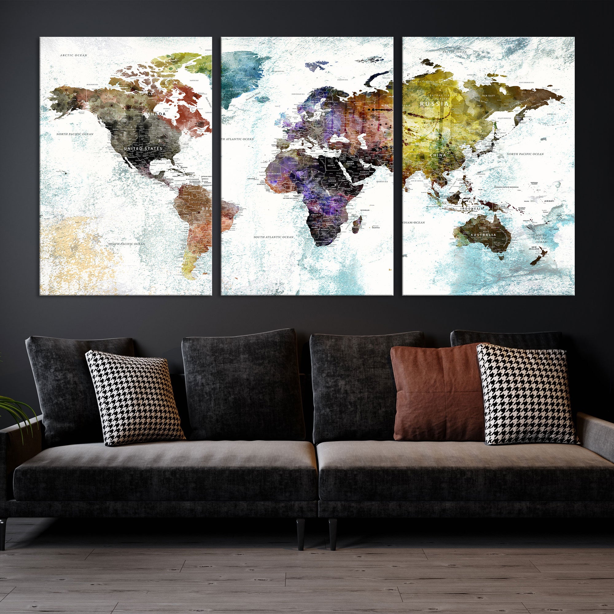 Detailed Large Wall Art World Map Canvas Print, Push Pin World Map Travel Gift for Him