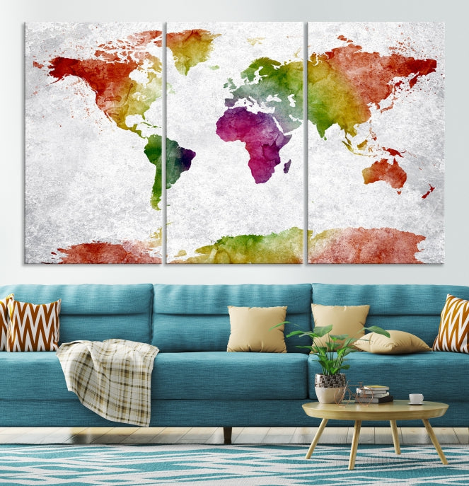 Impresión de lienzo de mapa mundial de arte de pared grande, impresión de lienzo de viaje de mapa mundial de acuarela azul marino, impresión de lienzo de mapa mundial de arte de pared grande XXL moderno