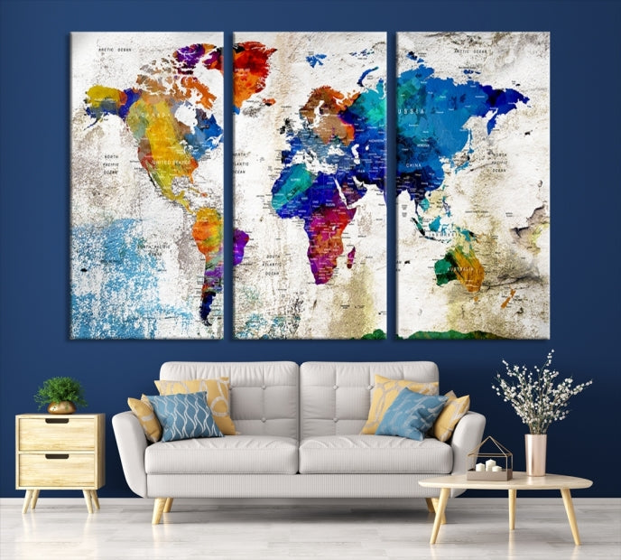 Navy Blue Large Wall Art World Map Push Pin Canvas Print-Extra Large Wall Art Canvas Print