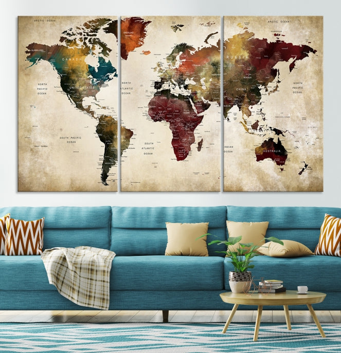 Push Pin Watercolor World Map on Grunge Background Canvas Print