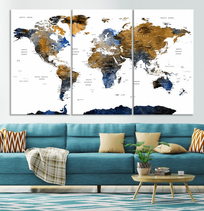 Mapa mundial de acuarela de pasador de empuje extra grande con arte de pared de la Antártida, arte de lienzo de mapa mundial, mapa de viaje de pasador de empuje