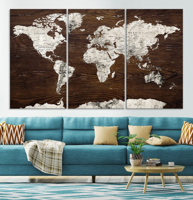Mapa del mundo de color blanco sobre fondo marrón, mapa de lienzo grande, arte de pared del mapa del mundo con pasador de empuje extra grande, viaje con pasador de empuje