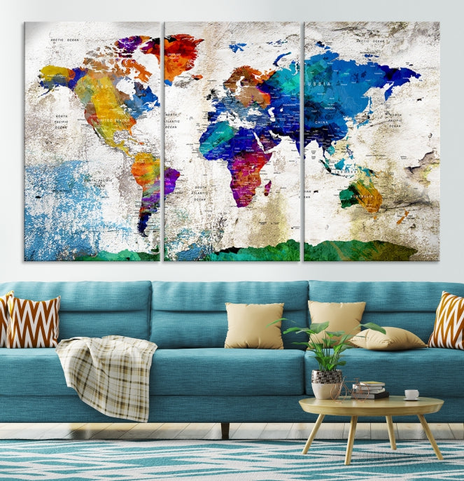 Rainbow Color World Map Wall Art Canvas Print