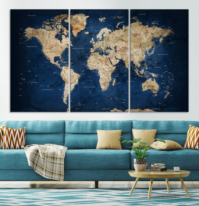 Extra grande, azul marino, estados de EE. UU. detallados en el mapa, arte de pared del mapa mundial, impresión en lienzo