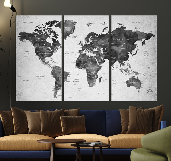 Black World Map Push Pin Travel Lover Wall Art Canvas Print