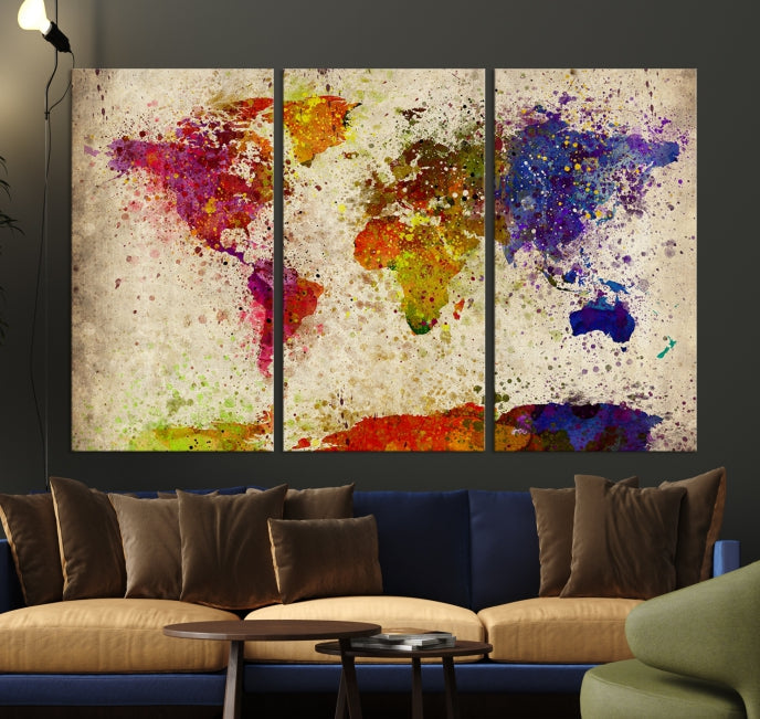 Gran pared arte mapa del mundo acuarela lienzo impresión - mapa del mundo salpicado impresión de lienzo - mapa de viaje grande