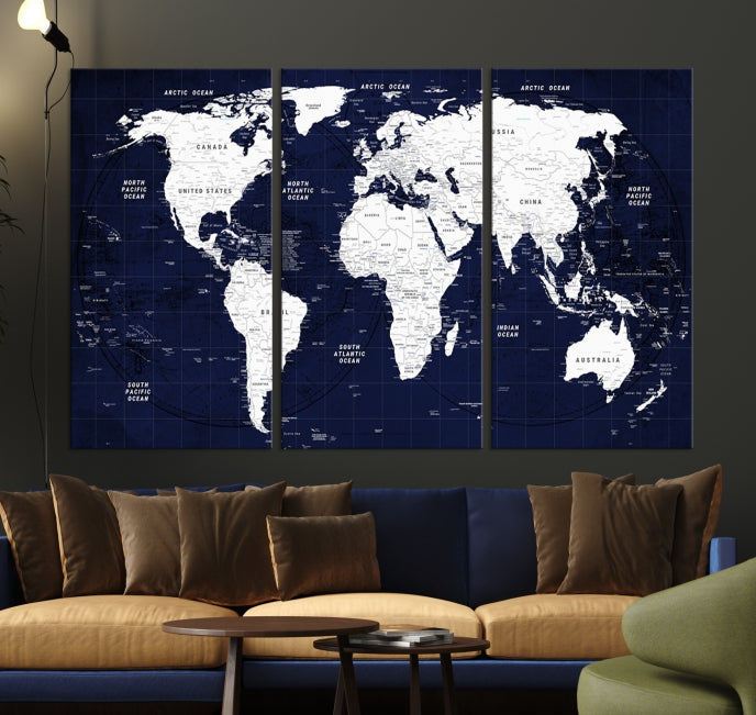 Mapa mundial detallado para arte de pared con impresión en lienzo de clase