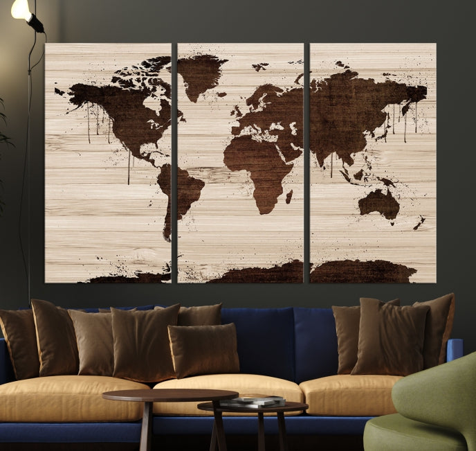 Brown Wall Art World Map on Wood Style Background Canvas Print