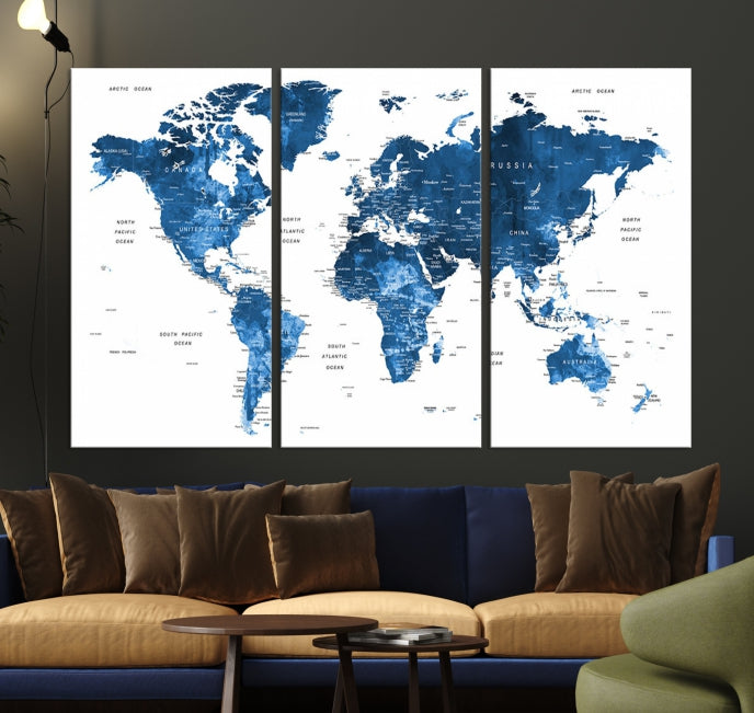 Arte de pared del mapa del mundo con alfiler de acuarela azul grande Lienzo