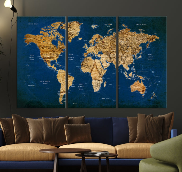 Push Pin World Map Wall Art sur fond bleu marine Impression sur toile