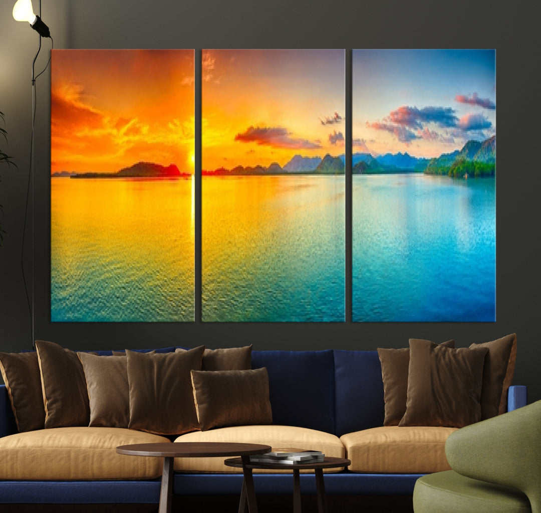 Impression sur toile d'art mural, coucher de soleil coloré sur la mer et la montagne