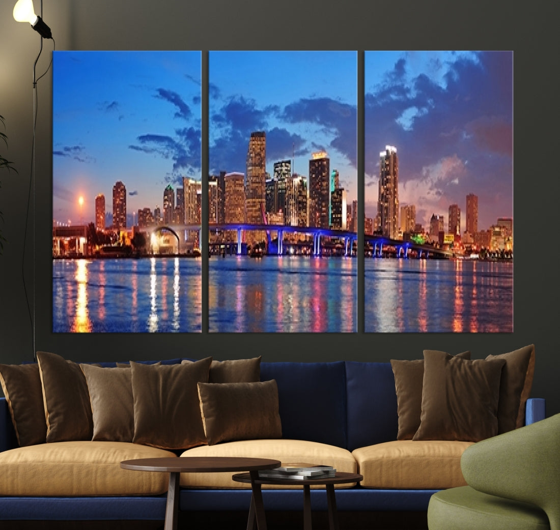 Large Wall Art MIAMI Canvas Print - Miami City Skyline Panorama at Dusk with Urban Skyscrapers and Bridge over Sea with Reflection