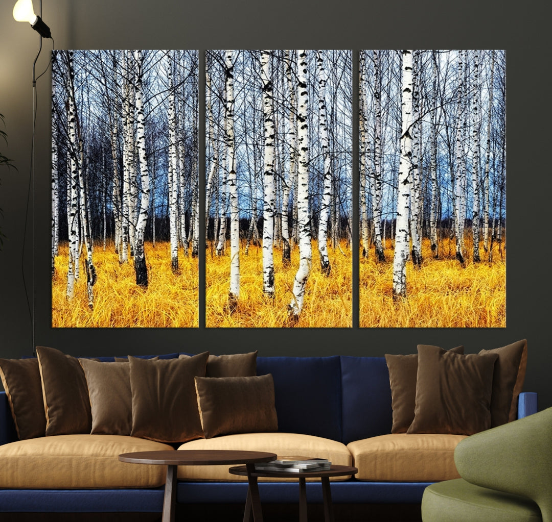 Impression d’art mural de bouleaux, art mural paysage, impression sur toile, arbres sans feuilles sur fond jaune