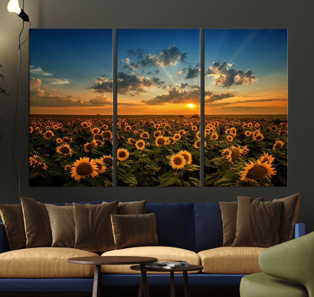 Lienzo impreso en lienzo para pared, diseño de campo de girasol, puesta de sol, para sala de estar, comedor, hogar, oficina, decoración de pared