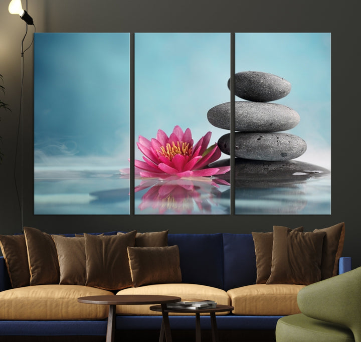 Art mural imprimé sur toile florale nénuphar et pierre zen dans une piscine de sérénité
