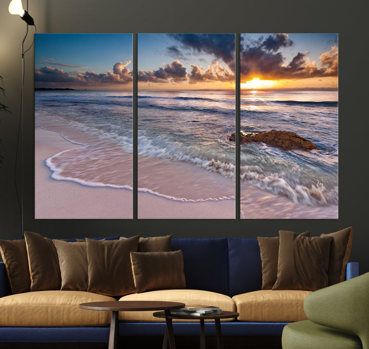 Hermosa puesta de sol en la playa tropical lienzo pared arte impresión gran océano playa arte de la pared