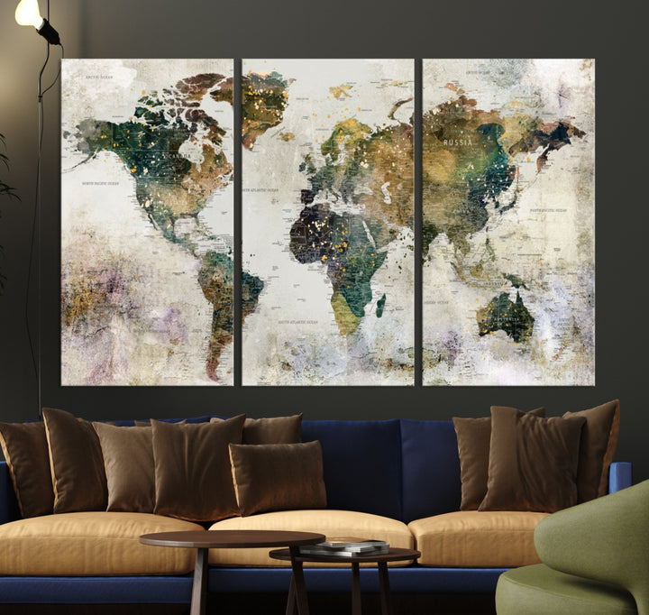 World Map Wall Art Print Map on Canvas Gallery Wall Set of 3 Panels Gift Traveler Map