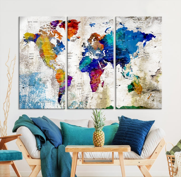 Carte du monde à punaise couleur arc-en-ciel Impression sur toile