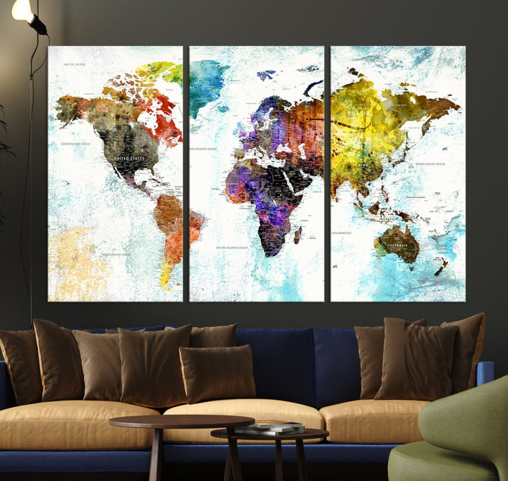 Lienzo decorativo para pared con mapa mundial grande multicolor